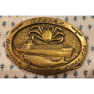 VTG Mens Belt Buckle Alaska Solid Brass 1978 Crabs President Lines Ship
